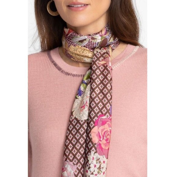 Johnny Was Cathron Scarf Silk Square Large Floral Tassels Pink Scarves Brown New - Picture 3 of 5